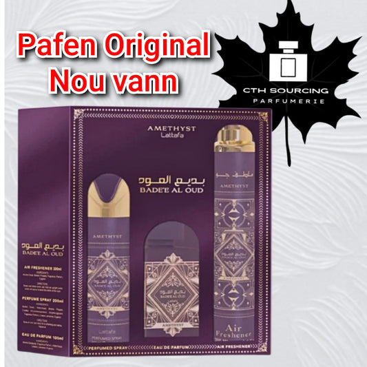 Lattafa Badee Al Oud Amethyst Set (Eau de Parfum + Deo + Air Freshener) pou fi ak gason